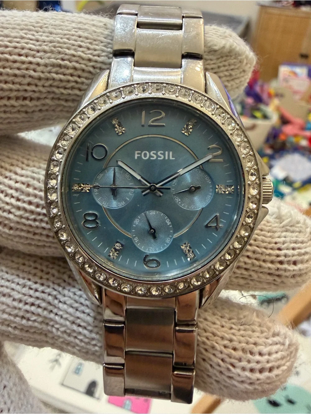 Fossil Riley ES3529 Silver Stainless Steel Light Blue Dial Crystal Unisex Watch